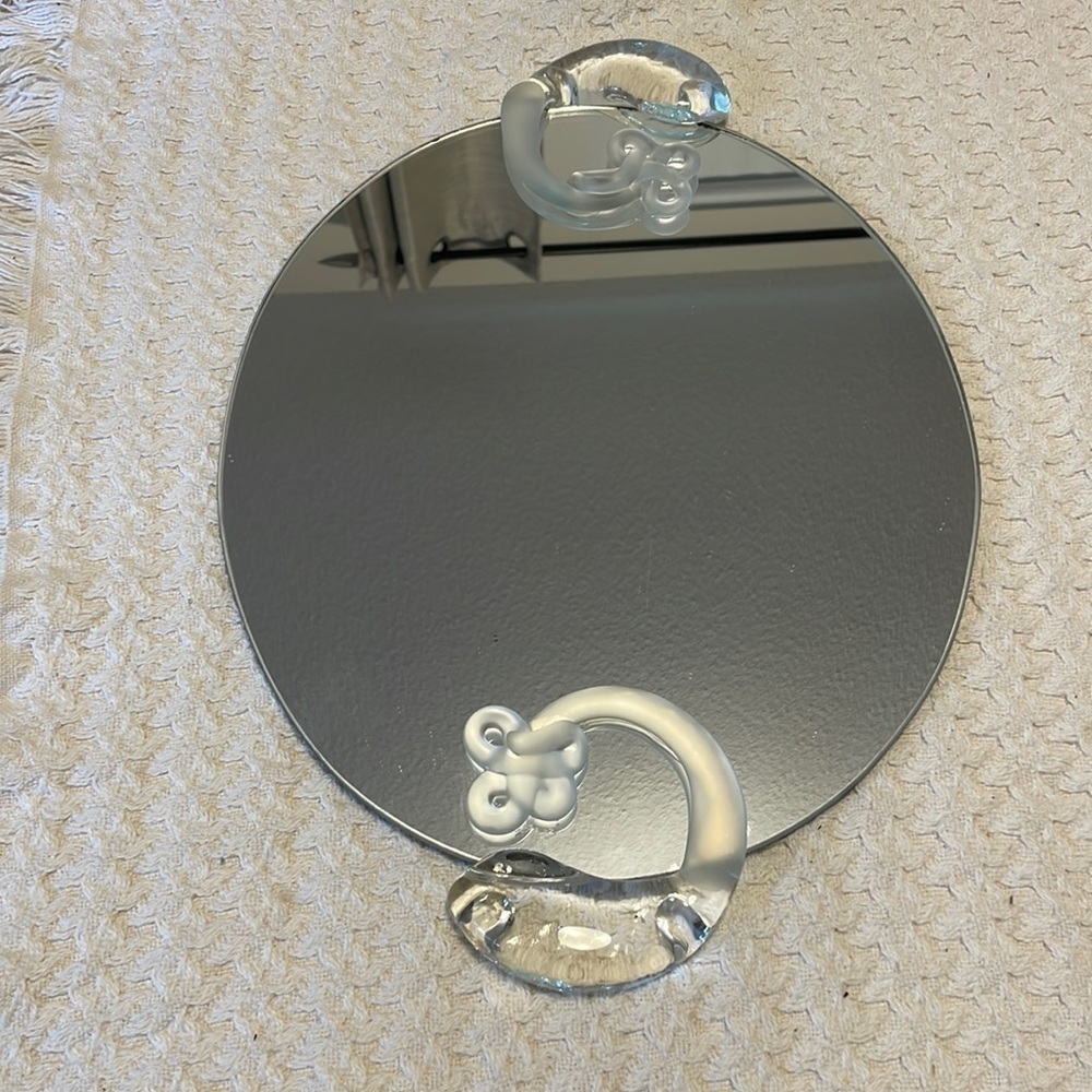 𝅺 Mirrored Round Vanity Tray Frosted Glass Fish Handles and Felt Bottom